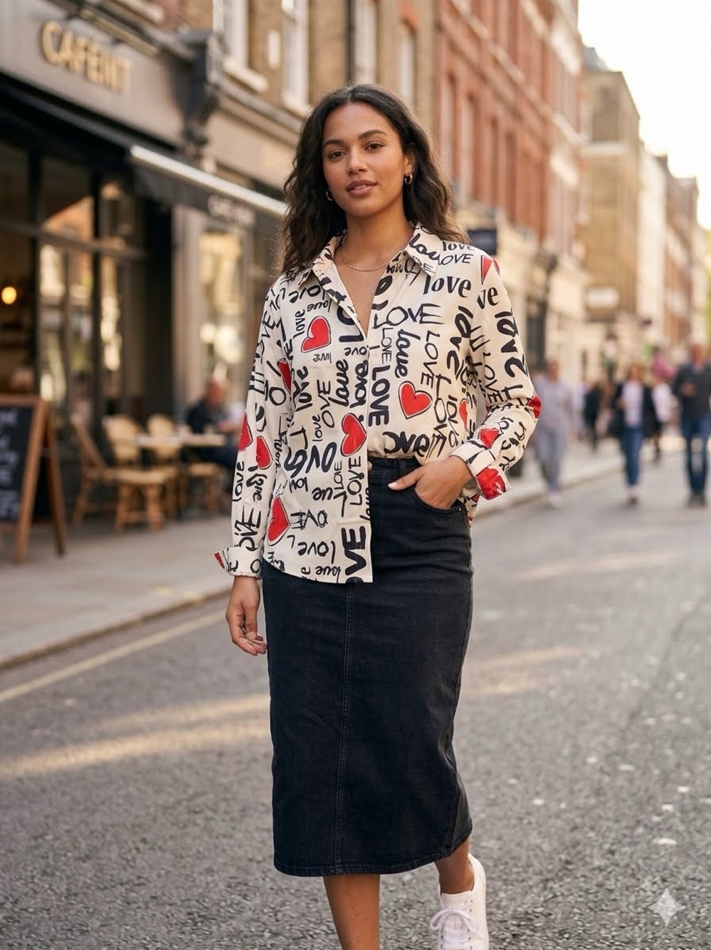 White 'Love' Print Button-Up Shirt with Red Hearts